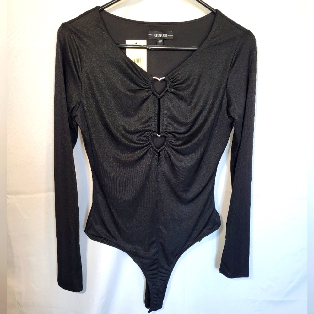 GUESS Black Long Sleeve Bodysuit Sliver Heart Cut Out Embelishment